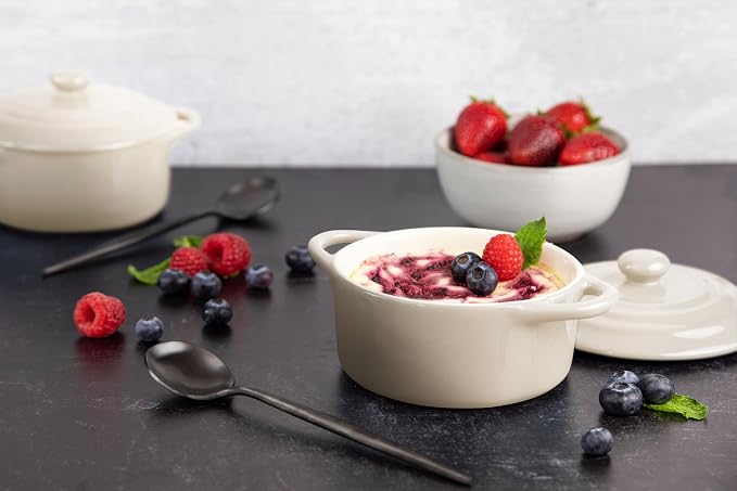 Kook Ceramic Mini Cocotte Set, Small Casserole Dishes with Lids and Handles, Individual Baking Ramekins, Oven, Microwave & Dishwasher Safe, Stoneware, 12 oz, Set of 4, Ivory