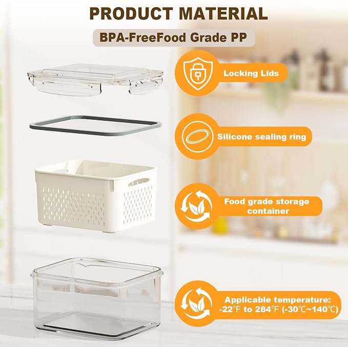 Dayacoco Fruit Storage Containers for Fridge 8 Pcs with Drain Basket | Fridge organizers & storage - 8 fruit containers w/ drain baskets, BPA-free PP, leak-proof seal, stackable, DW/MW safe.