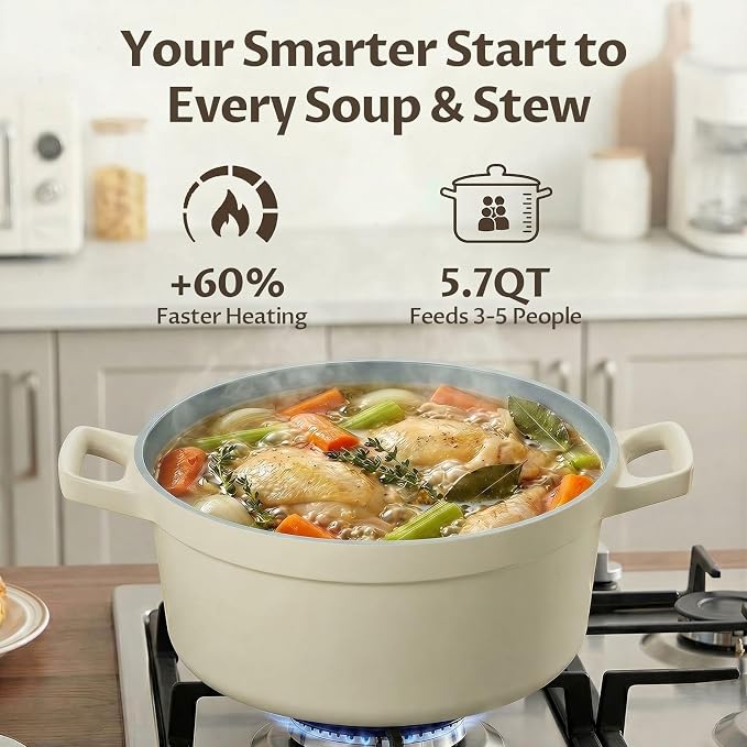 BEZIA 5.7 QT Lightweight Ceramic Nonstick Dutch Oven with Lid, Stock Pot | Versatile Cooking Pot for Soup, Family Stew & Braising, Oven Safe Casserole, Induction Ready, Easy to Clean, for 3-5 People