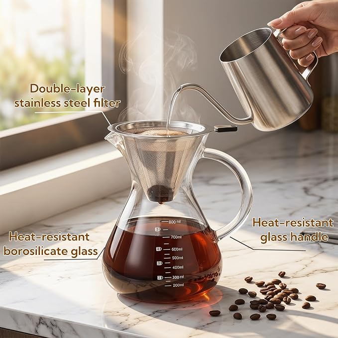 Pour Over Coffee Maker Set with Reusable Stainless Filter 27 fl oz, Heat-Resistant Borosilicate Glass Paperless Pour Over Coffee Dripper with coaster for Home Daily coffee