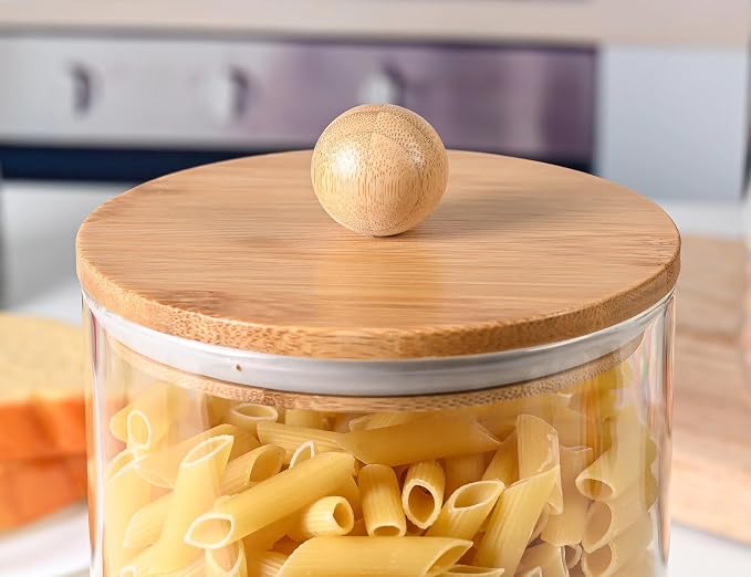 Le'raze Set of 2 Glass Canisters for Kitchen Counter with Airtight Bamboo Lids + Marker & Labels - 68oz. Large Cookie Jars Wooden Lid, Food Storage Containers Pantry, Flour, Sugar, Pasta, Candy.