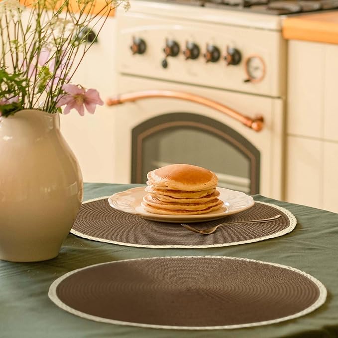 Round Placemats Set of 6, Woven Table Mats, Thin Edge, Coffee Brown | Braided Paper Edge, 15 Inch Diameter, Fits Dinner Plate and Flatware, Wipeable, Heat Resistant, Indoor Dining, Outdoor Patio