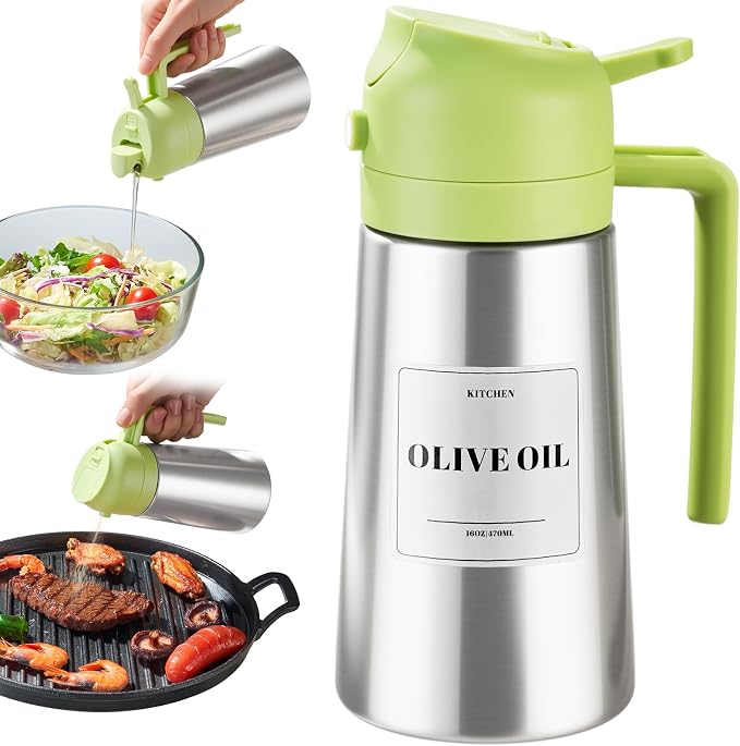 PARACITY Oil Sprayer and Pourer, 16 fl oz Stainless Steel Oil Dispenser | 2-in-1 olive oil spray bottle with ceramic-coated interior for daily kitchen cooking, air fryer, BBQ, salads, and baking.