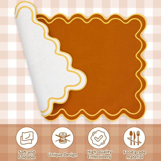 Whaline Orange Yellow Linen Placemats Embroidered Fall Scalloped Kitchen Place Mats for Autumn Birthday Party Home Dining Table Decor, Set of 6, 13 x 19 in