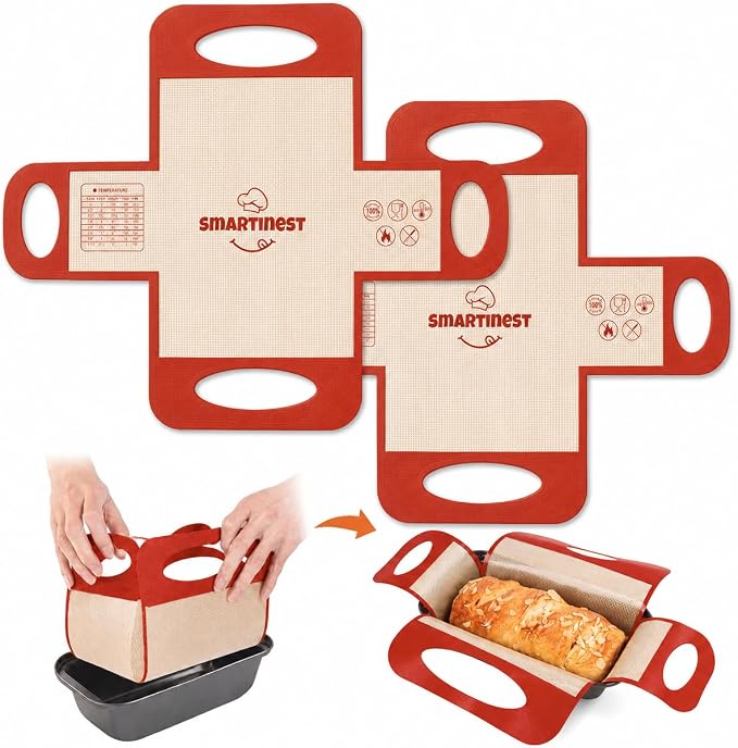 Silicone Loaf Pan Liner, 2PCS Non-Stick Reusable Bread Pan Liners with Handles, Loaf Pan Liners for Baking Bread 9x5, Silicone Bread Sling & Bread Mat, Loaf Lifter, Bread Making Essentials