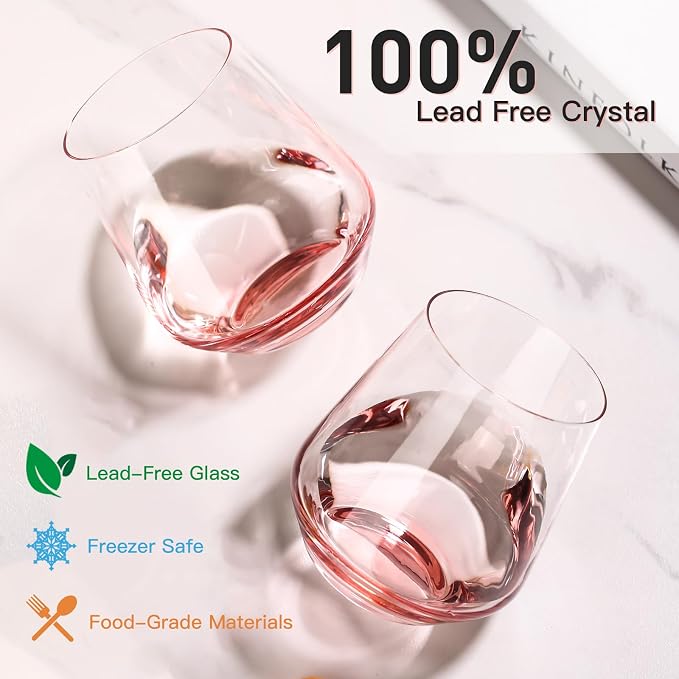 JOVGANK Pink Stemless Wine Glasses Set of 6 - Hand Blown White Red Stemless Wine Glass - 17 oz, [Lead-Free Crystal Glass] Large Short Glass Tumblers, Housewarming Gifts and Mother's Day Gift