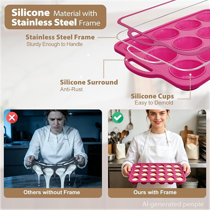 Silicone Mini Muffin Tin Set: 12 & 24 Small Cupcake Baking Tin with Frame | Easy Release - Complete Shaping Each Use Avoid Re-baking - BPA-free Muffin Trays Reinforced Frame for Oven Home Bakers Vnray