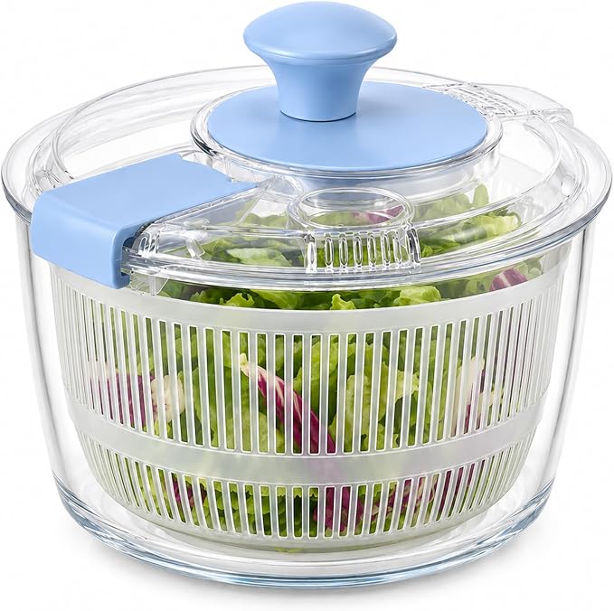 3.2 Qt Glass Salad Spinner with Storage Lid, Non-Slip Base & Basket, Blue | Compact Vegetable Dryer and Greens Washer with Clear Basket & Crank Handle; Borosilicate Bowl Microwave & Dishwasher Safe