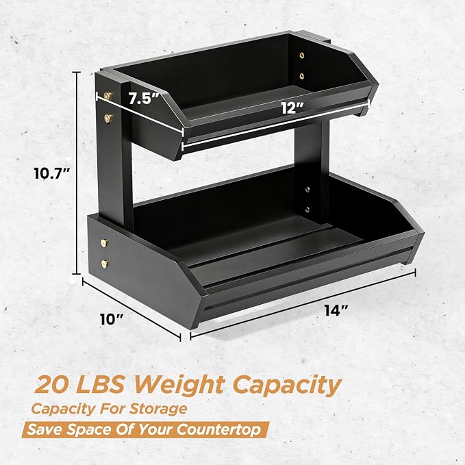 HOLANA Acacia 2 Tier Fruit Basket, Easy Assembly, Versatile Use (Black) | Solid Acacia Wood, Non-slip Pads, 20LBS Capacity, Slatted Design, Multi-Purpose Storage for Fruit & Vegetable, Pantry Bin