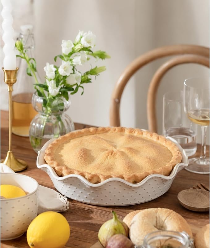 Ceramic Deep Pie Pan for Baking, 11 inch Porcelain Pie Plate for Apple Pie, Oven & Dishwasher Safe, Farmhouse Decor, 48 Ounce Deep Plate for Kitchen, Non-Stick Pie Dish, Embossed Diamond