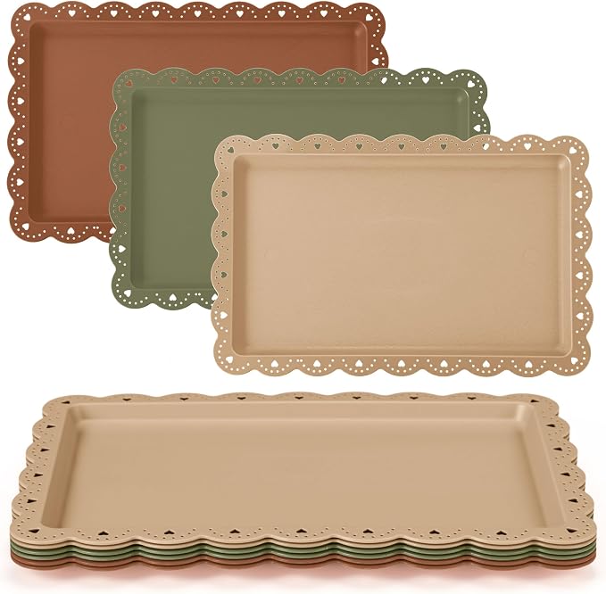 6 Pcs Brown and Sage Green Serving Trays Plastic Platters Dessert Cupcake Holder Party Supplies 14.4 x 9.3 Inches Rectangular Cookie Snack Display Tray for Wedding Restaurant