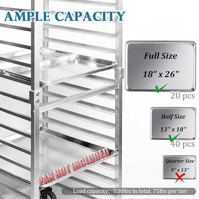 lopeztek Commercial 20-Tier Half & Full Sheet Pan Rack with Wheels | 1/2 & Full Sheet Pan|Baking Bread Cooling Rack|Speed Bun Rack|Bakery Rolling Cart|Dough Proofing