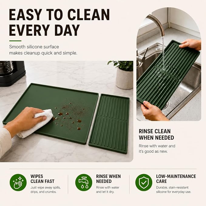 Silicone Coffee Mat 24 x 16 in with Tray, Deep Forest Green | Coffee bar mat for countertop use, coffee station mat or coffee machine mat with removable tray and 0.47 in raised rim.