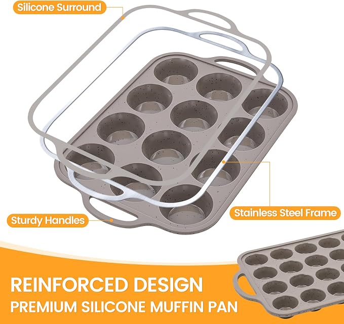 CAKETIME Silicone Muffin Pans for Baking, Metal Reinforced Frame Regular 12 Cups & Mini 24 Cups Cupcake Pan Set Nonstick Muffin Pan for Homemade Baking Easy to Handle