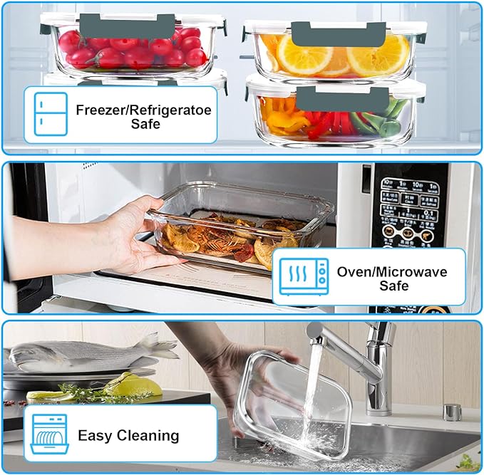 VERONES 5 PACK 36 OZ Glass Meal Prep Containers Set with Lids, Grey | Airtight Glass Lunch Containers Set, Food Storage Containers with Lids, for Microwave, Oven, Freezer & Dishwasher Friendly