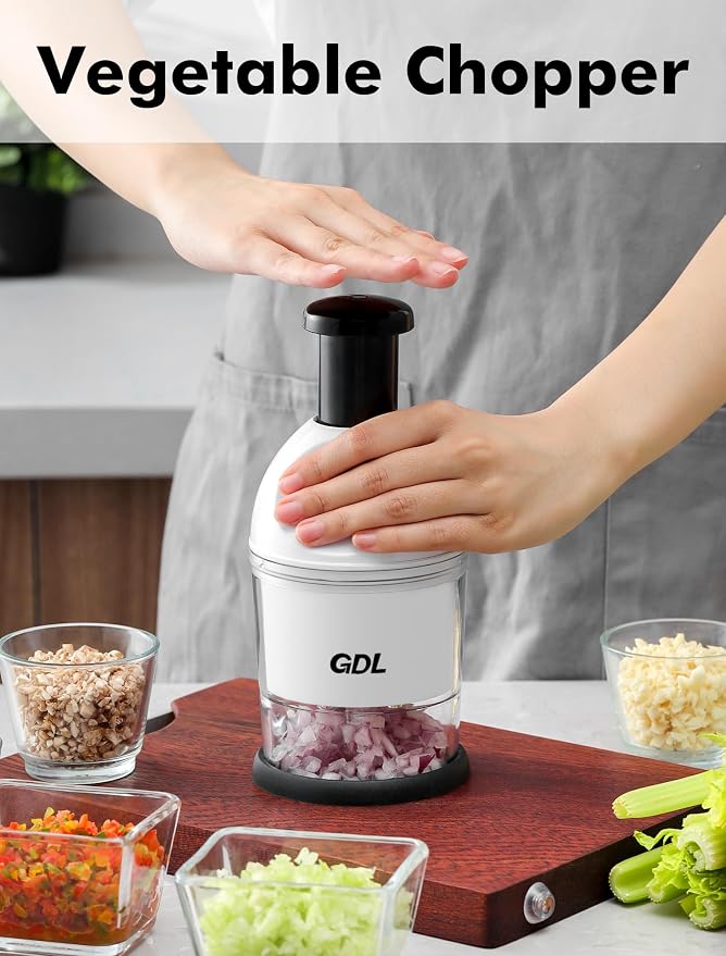 GDL Food Chopper, Manual Slap Vegetable Chopper Onion Dicer, Garlic Mincer | Hand Chopper for Onion Nut Pepper Celery Tomato, Easy & Safe Chopping, No BPA, Durable Stainless Steel Blade, Dishwasher Safe