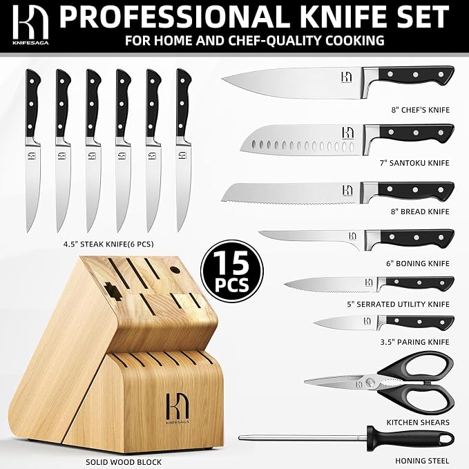 KnifeSaga Japanese Knife Set with Sharpener, Premuim, Razor Sharp, 15 Pcs | Innovative Steel, High Carbon Stainless, Enduring Sharpness, Ergonomic Handle, Quality Acacia Wood Block, Full-tang, Gift Box