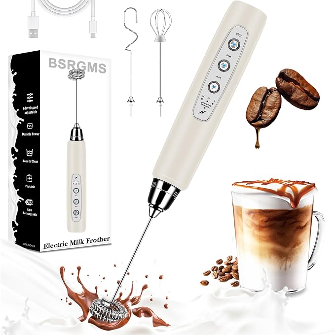 Milk Frother Wand Rechargeable Handheld Whisk Coffee 3 Speed Adjustable | Electric Whisk Drink Mixer with Stainless 3 Whisks Hand Frother , Foam Maker for Latte Cappuccino Matcha Egg Silver