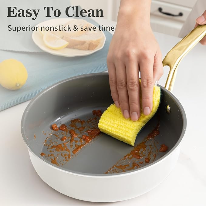 10-in-1 White Ceramic Nonstick Deep Saute Pan Set With Steamer & Lid, 4QT | 10''.PFAS-free frying pan.non-toxic.Induction ready. Oven safe to 480°F. Cool-touch handle. Dishwasher safe. Perfect for RVs!