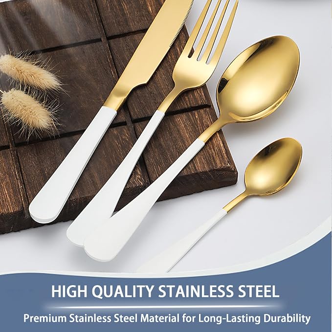 24 Pieces Silverware Set, Stainless Steel Flatware Set with Silverware Holder Spoons Forks Knives,Utensils Set Service for 6,Gold Mirror Polished and Matte Painted Cutlery Set (White)