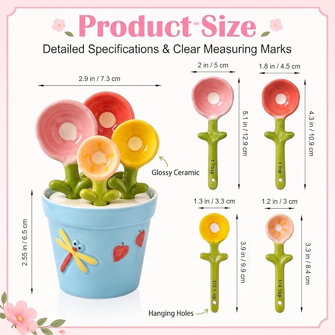 Cute Flower Ceramic Measuring Spoons Set with Base, Kitchen Decorate Gifts | Small Flower Pot Measuring Spoons and Cups with Holder, Home Baking Gifts Blue