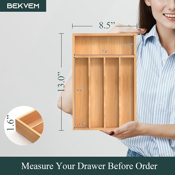Silverware Organizer, Bamboo Kitchen Drawer Organizer, Utensil Holder, Cutlery Tray & Spoon Flatware Storage with Grooved Drawer Dividers (8.5''W x 13''D)