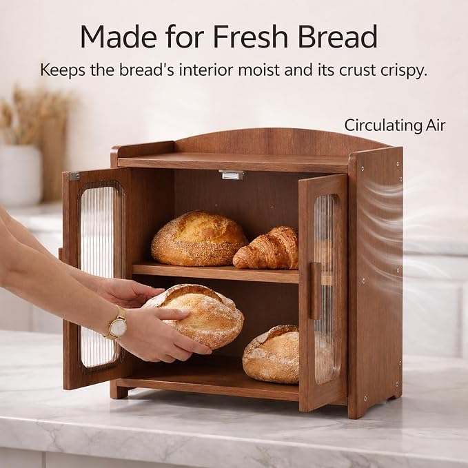 Solid Wood Bread Box, Kitchen Countertop Storage Cabinet | 2-Tier Large Capacity, Help Keep Sourdough Bread Fresh, Countertop Storage Organizer for Kitchen & Pantry, Walnut Brown