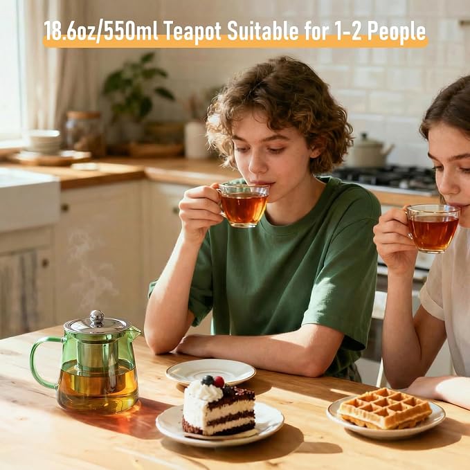 PARACITY Tea Kettle with Infuser, Glass Teapot Stovetop, 18.6 fl oz, 550 ml | (Green) Clear-glass tea maker with removable 18/8 steel infuser for blooming or loose leaf tea; made of borosilicate glass