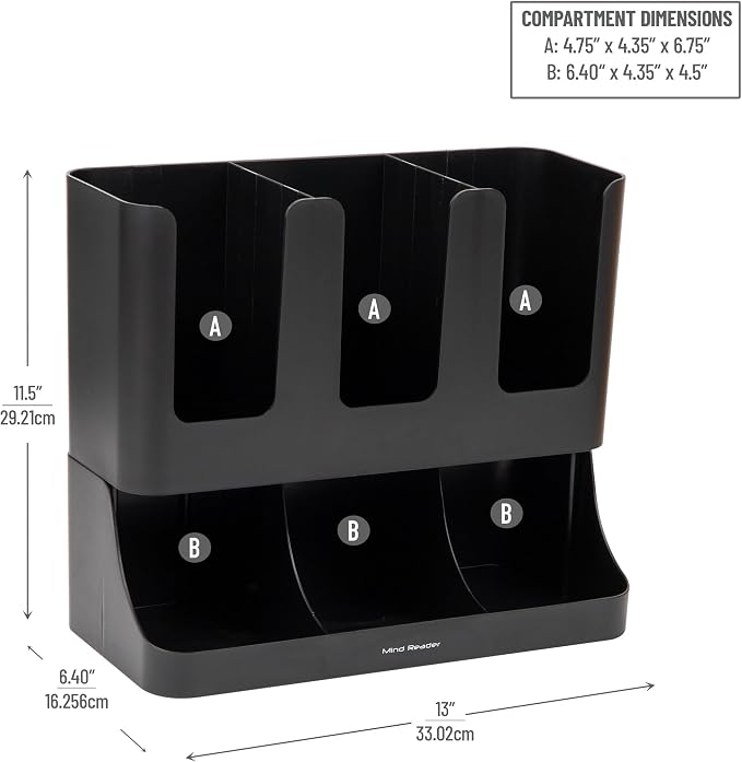 Mind Reader Condiment Station, 13 Inch Countertop Coffee Bar Organizer with 6 Compartments, Storage Caddy for Cups, Lids and Packets, Plastic, Black