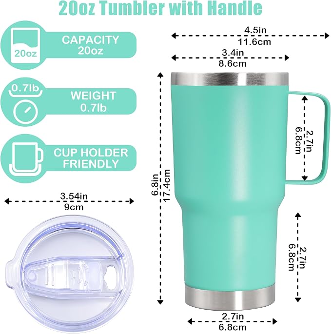 20 oz Tumbler with Handle Coffee Tumblers with Lid Travel Mug LightBlue 12P | 20oz Tumblers with Handle Double-Wall Insulated Vacuum Coffee Mugs Stainless Steel Tumbler with Handles&Lid Light Blue 12P