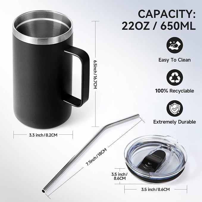 Volhoply 22oz Insulated Stainless Steel Coffee Mugs with Leakproof Lid Bulk 2 Pack,Double Wall Vacuum Travel Coffee Cup with Handle,Reusable Metal Tumbler,Camping Mug Keep Hot&Cold(Black,2)