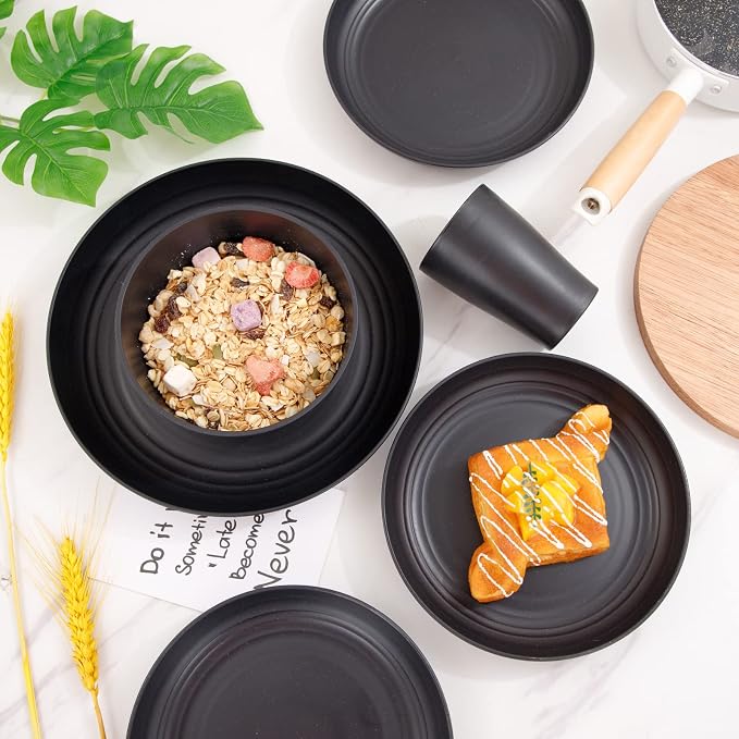32-Piece Black Wheat Straw Dinnerware Sets, Unbreakable Dish Sets | Durable plastic dishes and reusable plates set for kitchen, ideal for camping, parties, RVs, and everyday family dinners.
