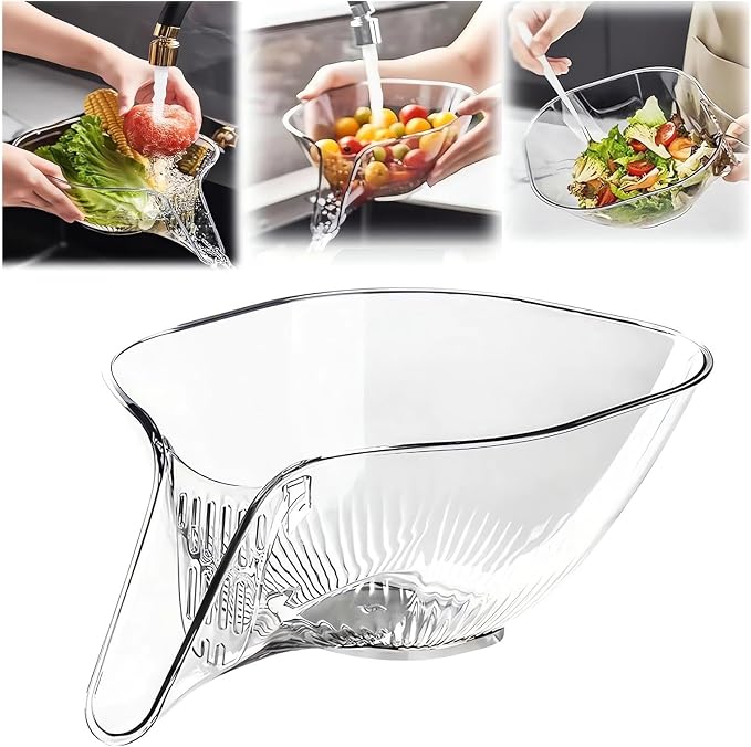 Multi-functional Drain Basket - 2024 New Fruit Cleaning Bowl with Strainer Container, Kitchen Sink Food Catcher Drainer Fruit Rinser Vegetable Washing Filter Bowl over the Sink Colander (2PCS, Clear)