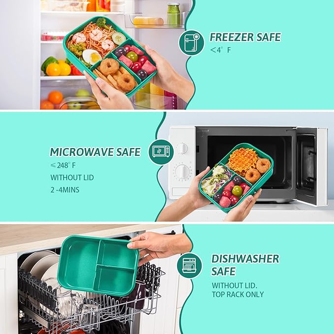 MISS BIG® Bento Lunch Box for Kids, 1150ml, 3 Compartments, Green | Green kids bento lunch box for school food, daycare meals, snacks, light lunch, picnic, and travel.