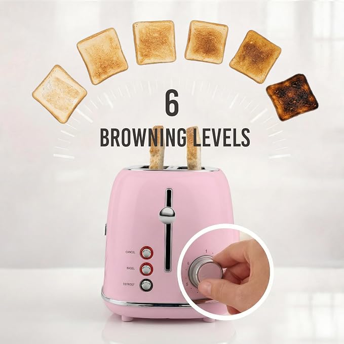 Nostalgia Classic Retro 2-Slice Toaster- Vintage Design- Enamel Coated Steel Body- Wide Slots for all Breads- Crumb Tray, Cord Storage- Defrost,Cancel and Bagel Function & 6 Toasting Levels- Pink