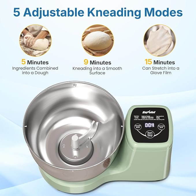 Electric Dough Mixer Maker, 5.3 QT Fermenting and Kneading Flour Mixer Machine with Stainless Steel Bowl & Time Control, Green Stand Mixer for Baking Bread Cake Pizza & Sourdough