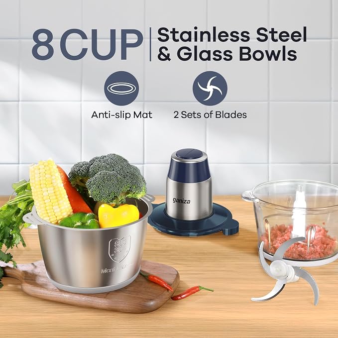 Ganiza Food Processors with 2 Bowls, 450W Meat Grinder Vegetable Chopper | 2-Speed Electric Food Chopper with 8 Cup Glass & 8 Cup Stainless Steel Bowls -Includes 2 Sets of Blades for Fruits/Meat/Nuts