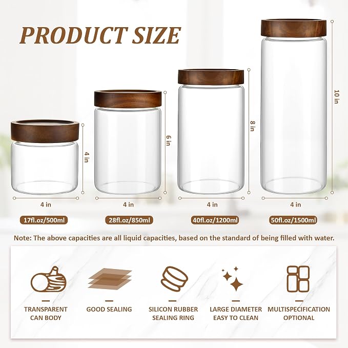 50 fl oz/1500 ml Clear Glass Storage Canister with Airtight Wooden Screw Lid, Large Tall Cute Decorative Glass Food Container Jar for Coffee, Candy, Cereal, Cookie, Pasta, Flour, Juices