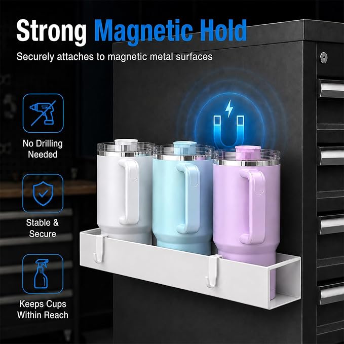 4 Pack Magnetic Cup Holder Heavy Duty, 12 Cup Capacity Water Bottle Organizer fit for Stanley Cup, Tumbler Storage Rack for Kitchen, Side of Fridge, Garage, Laundry Room, Cabinet, Pantry, RV - White