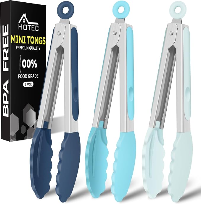 Hotec Mini Silicone Kitchen Tongs for Cooking - 7-Inch Small Serving Tongs with Silicone Tips, Set of 3 (Blue)