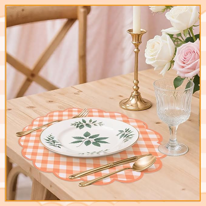 60 Pcs Orange and White Gingham Paper Placemats, Disposable Fall Placemat | 13.5 Inch Scalloped Checkered Place Mats Table Decorative for Picnic Table Setting BBQ Birthday Banquet Outdoors Party