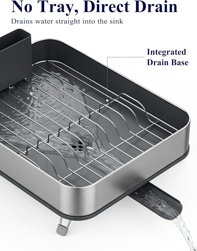 Kitsure Dish Drying Rack - Stainless Steel Dish Rack with Cutlery Holder, Rust-Resistant Wrapped Edges, Space-Saving Dish Racks for Kitchen Counter, 16.3" x 12.7" x 4.6", Black