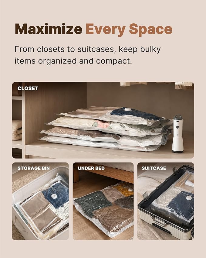 Vacbird Vacuum Seal Bags for Clothing, 16 Pack Vacuum Storage Bags with Rechargeable Cordless Air Pump(4J+4L+4M+4S), Space Saver Bags for Clothes Blanket Duvets Pillows Comforters Travel