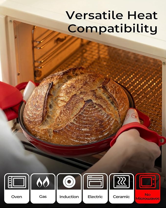 5QT Enameled Cast Iron Sourdough Bread Oven for Homemade, Red | Tight-fitting Dome Lid, Shallow Base Supports Easier Loading & Crisp Sourdough Crusts, Gifts for Sourdough Bakers