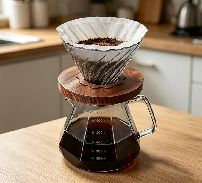 BeeCa Manual pour over coffee maker, Heat Resistant Glass | 20Oz+50 Filters 1-4 Cup, Gray Diamond-Shaped, No plastic taste, Dishwasher safe, Borosilicate glass
