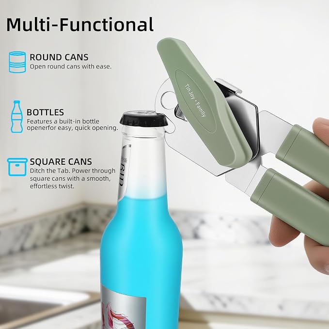 Tin Joy Family Manual Can Opener, Smooth Safe Cutter, Easy Grip | Manual Can Opener, Smooth Edge Safe Cutter, Ergonomic Non-Slip Grip, Color: Light Green