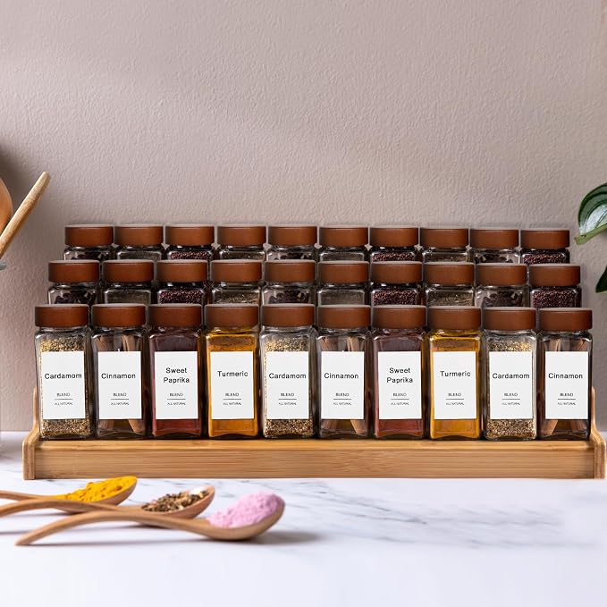 30 Pack 4 oz Glass Spice Jars with Shaker Lids& Labels Glass Bottles | Square Empty Mason Acacia Wood White Labels Kitchen Cabinet Drawer Organizer Seasoning Containers Collapsible Funnel Brush