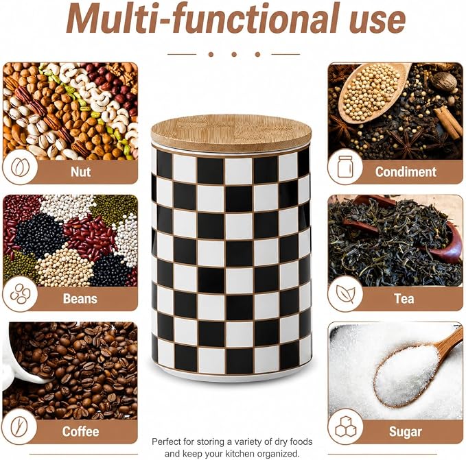 Kitchen Countertop Ceramic Checkered Canisters,Black And White Food Storage Containers With Lid,Airtight Kitchen Canisters for Flour, Sugar, Coffee, Tea, and Dry Goods (Black, XL)