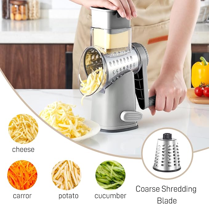 Weltonhm 4 in 1 Large Rotary Cheese Grater Hand Crank (Grey, 4 Graters) | Cheese Shredder Rotary and Slicer with 4 Stainless Steel Blades for Vegetables, Veggie and Cheese, Stronger Suction Base