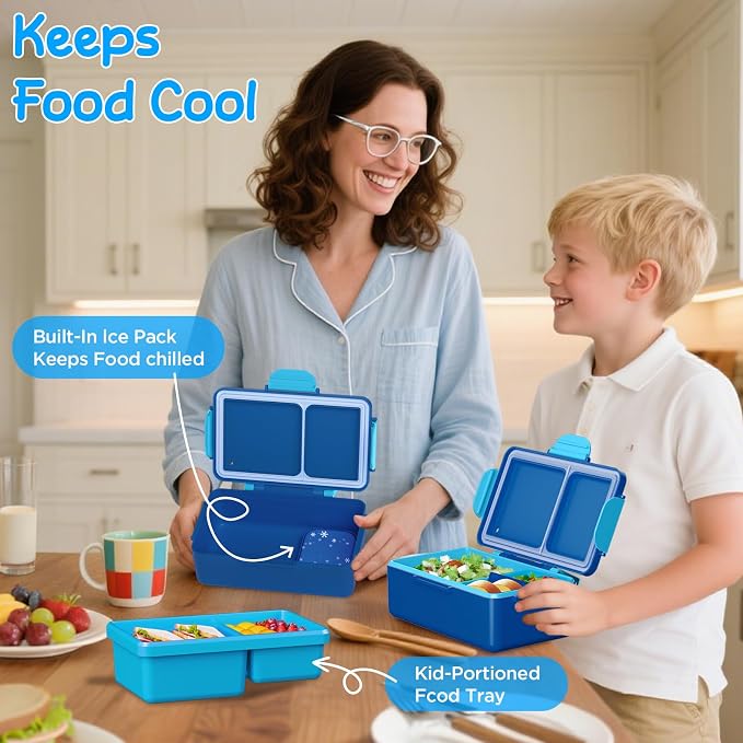 SHPMXUPW Kids Bento Lunch Box – 12 oz Stainless‑Steel & 3‑Compartment Leak‑Proof Food Container with Built‑In Ice Pack, Insulated Food Jar for Boys & Girls, School & Travel